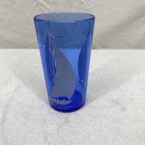 Vintage Cobalt Blue Glass Sailboat Tumbler Frosted Nautical Coastal Juice Glass